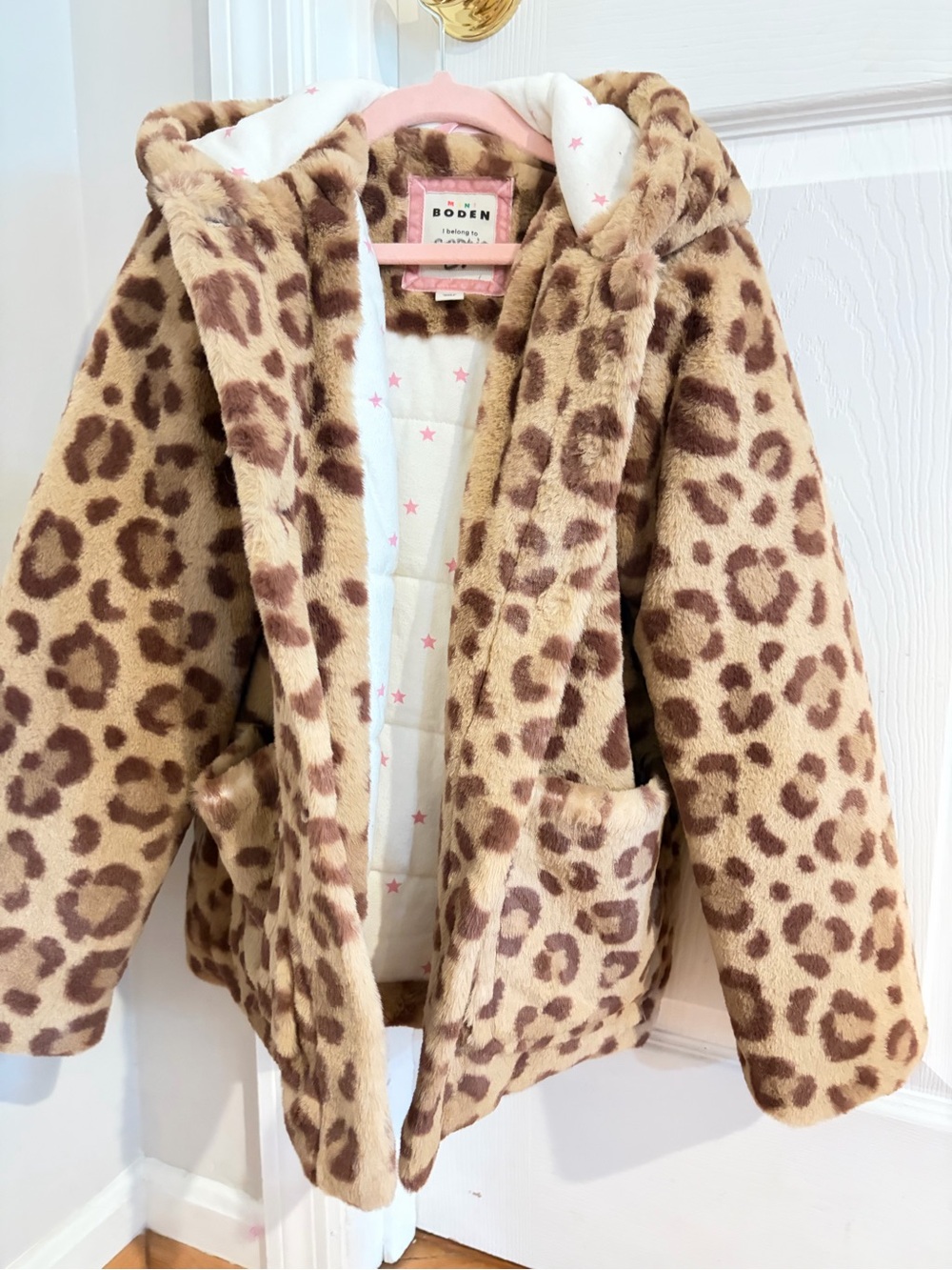Boden Leopard Faux-Fur Hooded Puffer Jacket in Tan and Brown